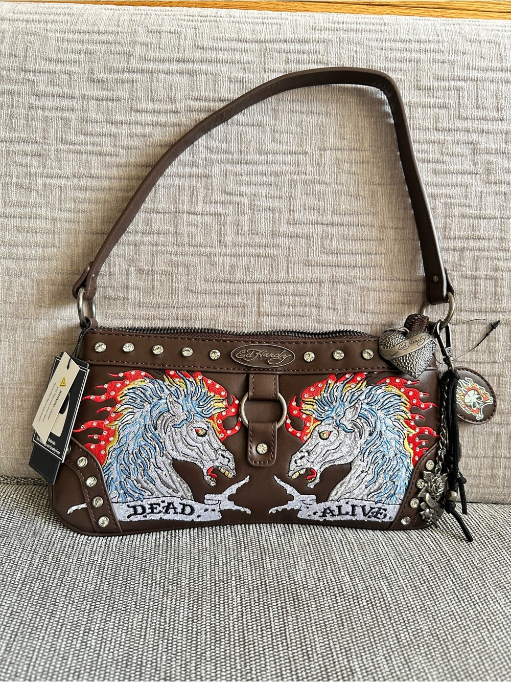 Ed Hardy "Dead or Alive" Twin Embelished Horse Y2K tattoo-style graohic Hobo